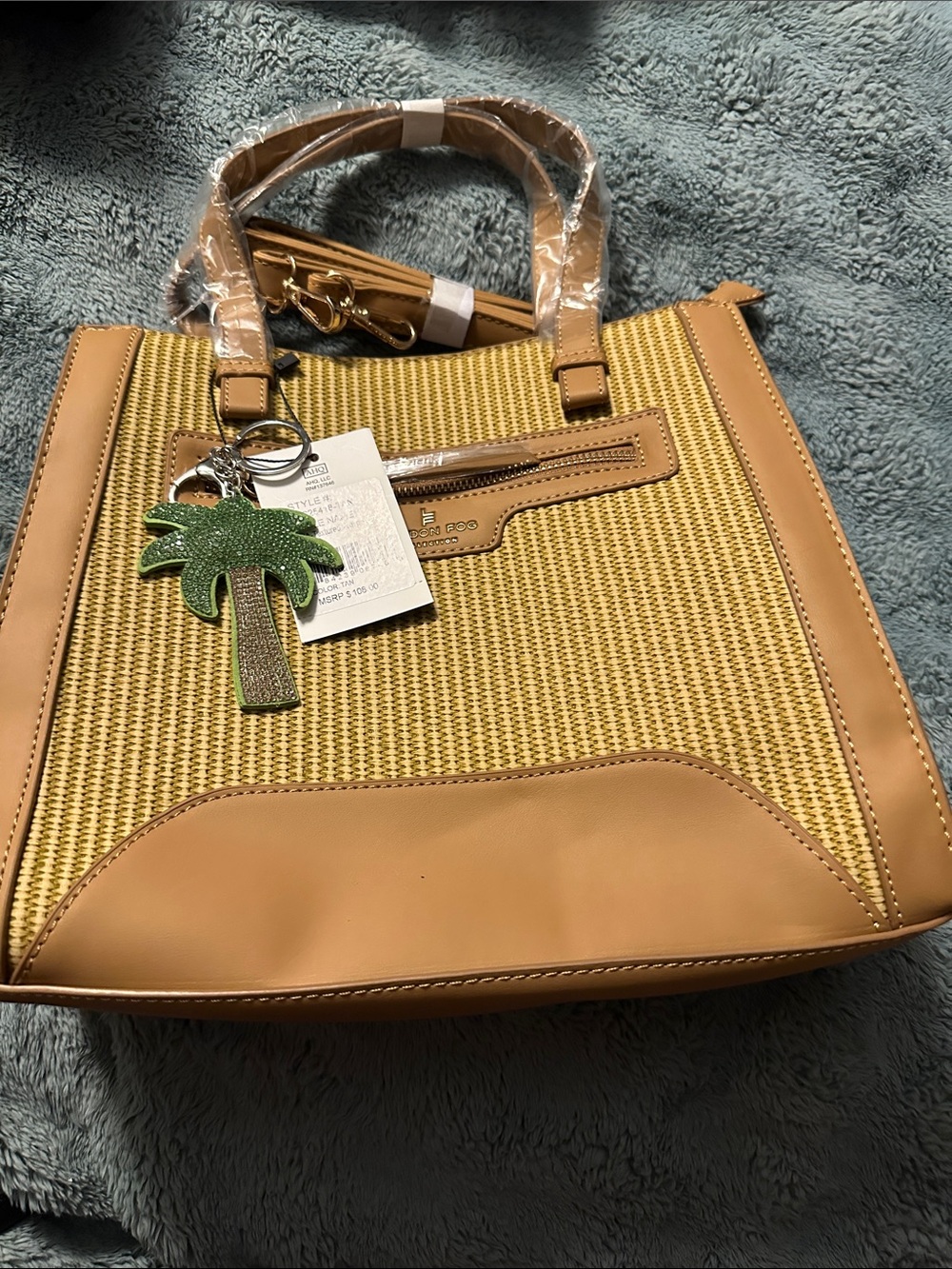 Woven Straw Tote Bag with Tan Trim